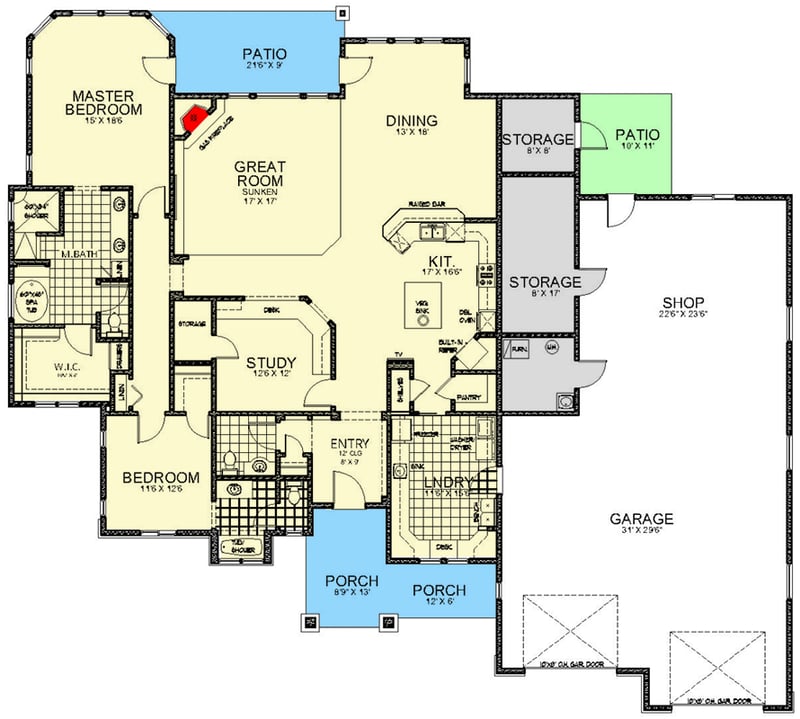 Plan 267060SPK: 2-Bed New American House Plan with Oversized Workshop - 2660 Sq Ft - Floor Plan - Main Level - Craftsman, New American, Ranch, Traditional
