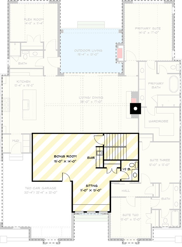 Plan 93221EL: 3-Bed Modern Tudor House Plan with Bonus Room Above - 2535 Sq Ft - Floor Plan - Bonus Level - French Country, Modern, New American, Transitional, Tudor