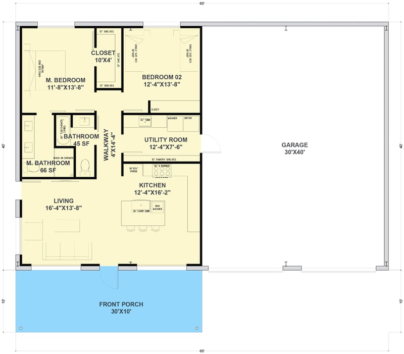 Plan 530100KTE: 2-Bed Modern Rustic Barndominium Ranch Home with 2-Car Garage - 1200 Sq Ft - Floor Plan - Main Level - Barndominium, Country, Mid Century Modern, Ranch, Rustic