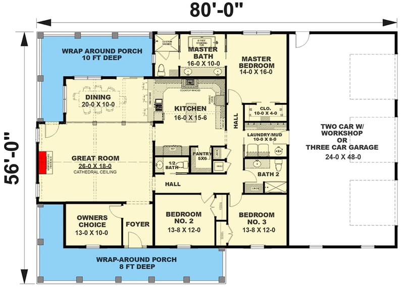 Plan 25054DH: 3-Bed Country Ranch House Plan with Two-Story Great Room - 2312 Sq Ft - Floor Plan - Main Level - Cottage, Country, Ranch