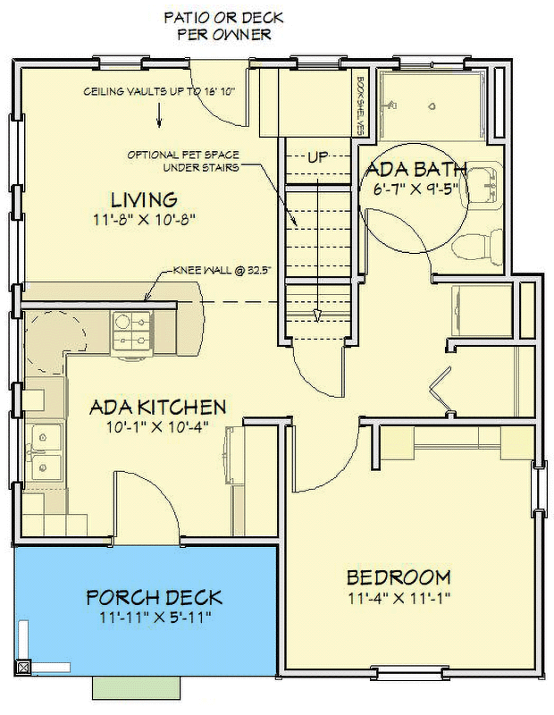 Plan 430835SNG: 2-Bed Cottage House Plan with Two-Story Great Room Under 900 Sq Ft - Floor Plan - Main Level - Cottage, Country, Farmhouse
