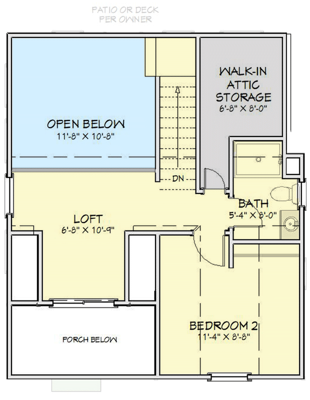 Plan 430835SNG: 2-Bed Cottage House Plan with Two-Story Great Room Under 900 Sq Ft - Floor Plan - 2nd Floor - Cottage, Country, Farmhouse