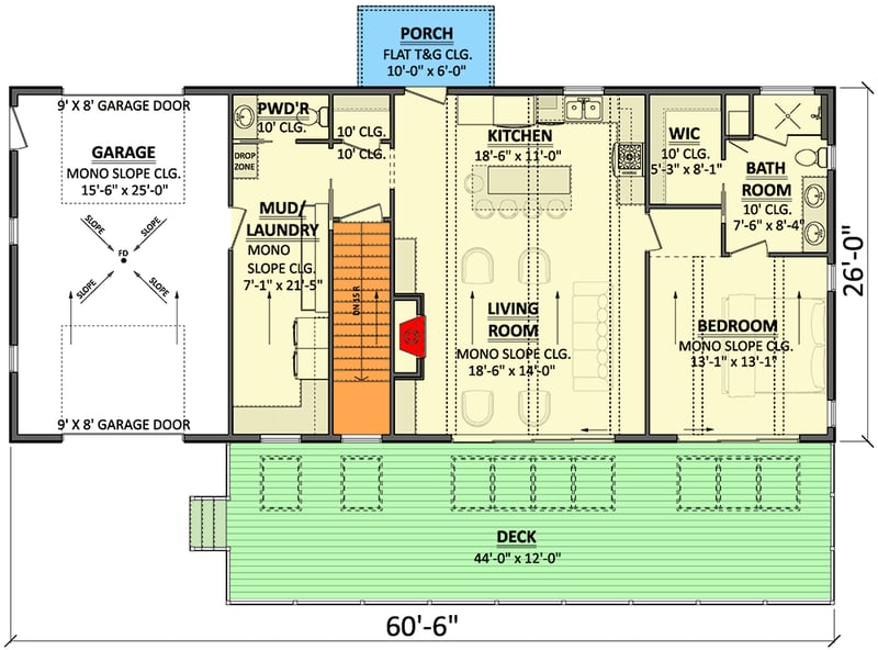 Plan 911053JVD: 3-Bed Mountain Vacation House Plan with Sloping Lot Under 2000 Sq Ft - Floor Plan - Main Level - Mid Century Modern, Modern, Mountain, Vacation
