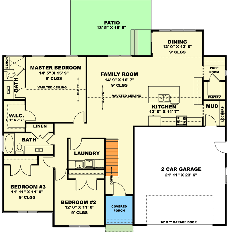 Plan 506031BRY: 3-Bed Ranch House Plan with Vaulted Family Room - 1696 Sq Ft - Floor Plan - Main Level - Ranch