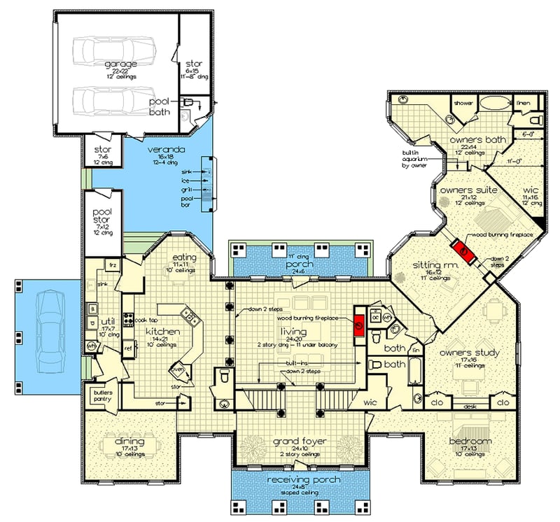 Plan 55240BR: 4-Bed Modern Farmhouse with a Two-Story Great Room - 4242 Sq Ft - Floor Plan - Main Level - Colonial, Modern Farmhouse, Southern, Transitional