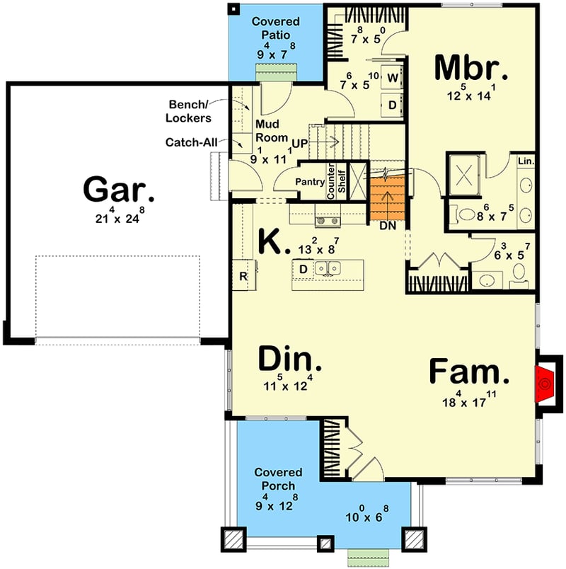 Plan 623482DJ: Two-Story Craftsman Bungalow House Plan with Fireplace - 1839 Sq Ft - Floor Plan - Main Level - Bungalow, Craftsman, Traditional