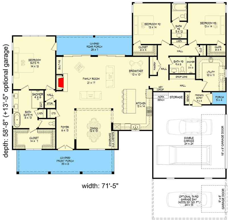 Plan 680523VR: 3-Bed Modern Farmhouse with Optional Second Level - 2398 Sq Ft - Floor Plan - Main Level - Farmhouse, Modern Farmhouse