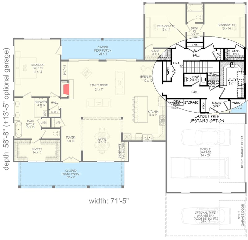 Plan 680523VR: 3-Bed Modern Farmhouse with Optional Second Level - 2398 Sq Ft - Floor Plan - Main Level Staircase - Farmhouse, Modern Farmhouse