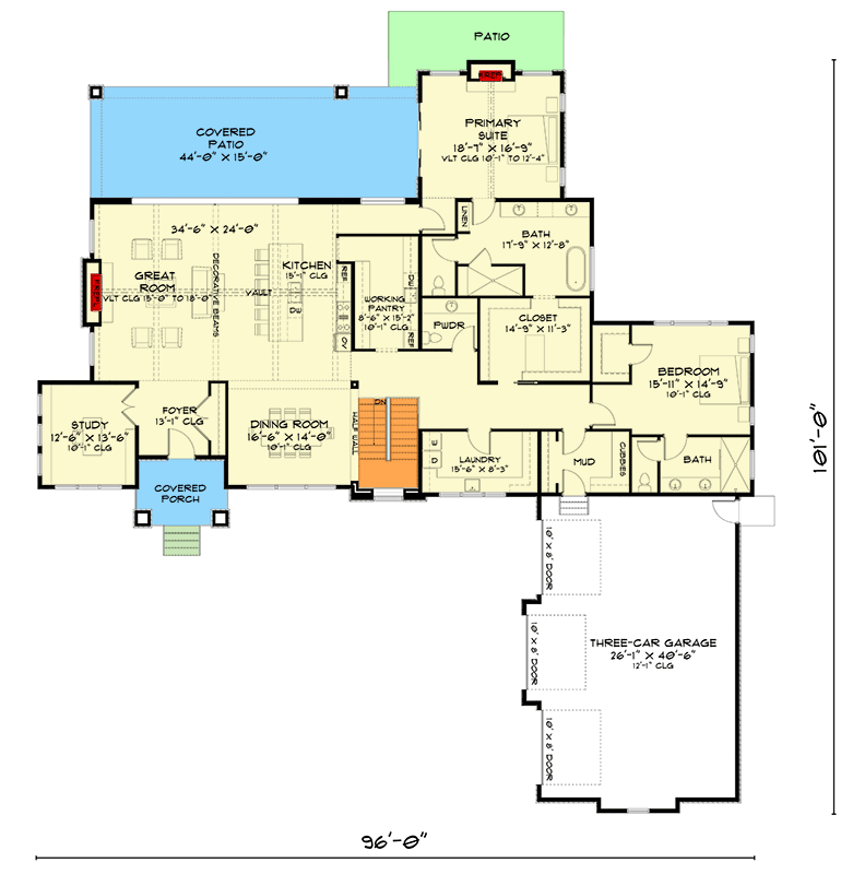 Plan 520029RKY: 3-Bed Mountain House Plan with Vaulted Great Room - 3579 Sq Ft - Floor Plan - Main Level - Contemporary, Mountain