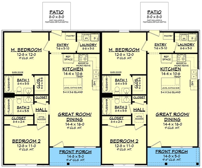 Plan 51991HZ: Single-Story Multi-Family Farmhouse Plan with 2-Bed Units - 1000 Sq Ft Per Unit - Floor Plan - Main Level - Country, Farmhouse, Traditional