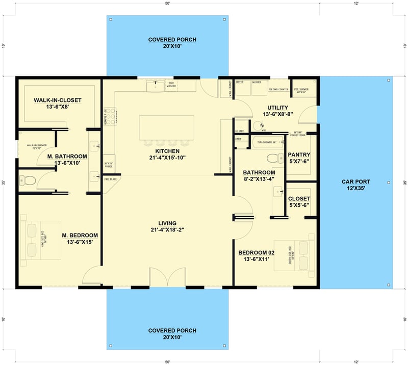 Plan 530115KTE: 3-Bed Barn-style Cottage House Plan - 1750 Sq Ft - Floor Plan - Main Level - Barndominium, Country, Rustic