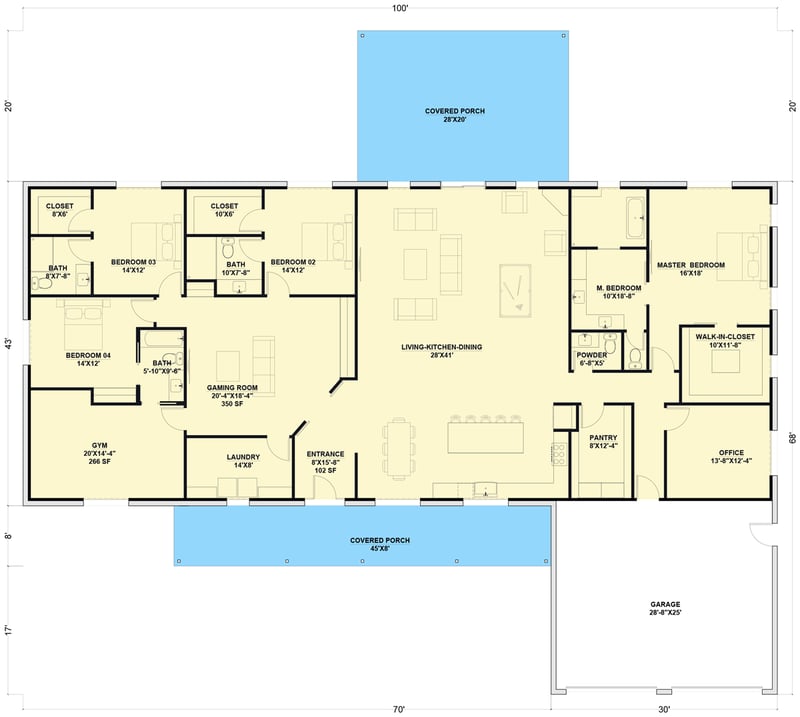 Plan 530117KTE: 4-Bed Barndominium House Plan with Home Office - 4300 Sq Ft - Floor Plan - Main Level - Barndominium