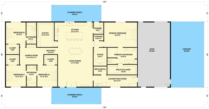 Plan 530126KTE: Single-Story Country Barndominium House Plan with Game Room - 3200 Sq Ft - Floor Plan - Main Level - Barndominium, Country