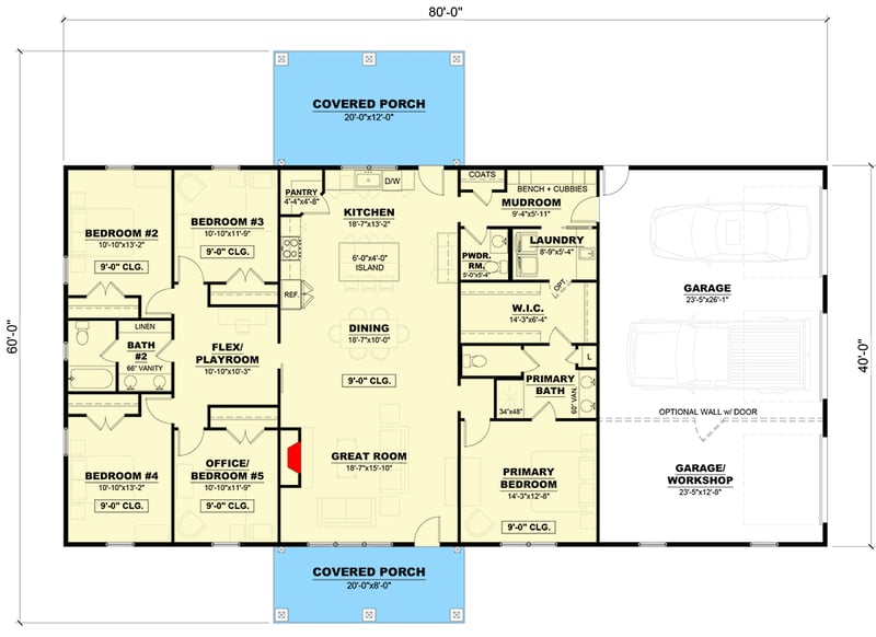 Plan 810034RBT: 4 or 5-Bed Barndominium House Plan with Flex Room - 2240 Sq Ft - Floor Plan - Main Level - Barndominium, Country