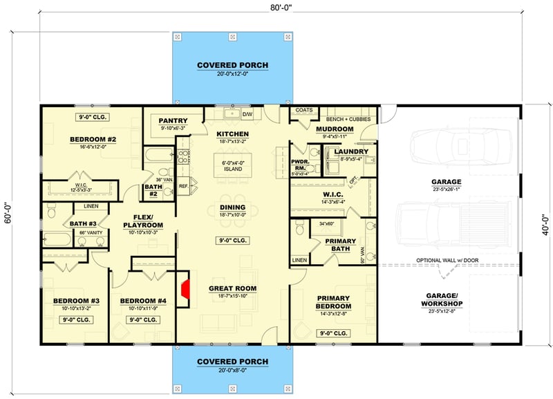 Plan 810035RBT: 4-Bed Barndominium with Open-Concept Living Space - 2240 Sq Ft - Floor Plan - Main Level - Barndominium, Country