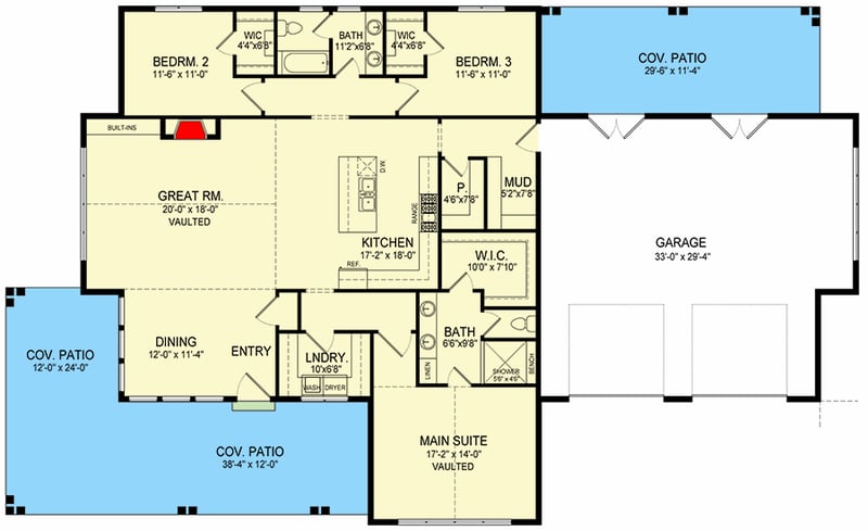Plan 493026GNT: 3-Bed New American House Plan with Split-Bedrooms - 2166 Sq Ft - Floor Plan - Main Level - Farmhouse, New American, Ranch