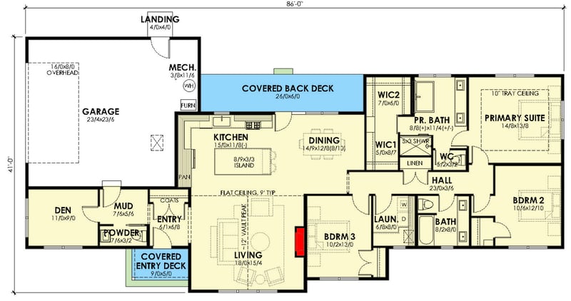 Plan 470308REY: Single-Story Modern Ranch House Plan with Den - 1996 Sq Ft - Floor Plan - Main Level - Modern, New American, Ranch