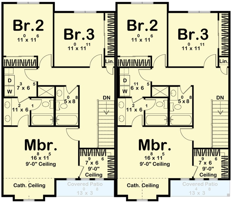 Plan 623483DJ: Modern Cottage Style Duplex with 3-Bed 3-Bath 1709 Sq Ft Units - Floor Plan - 2nd Floor - Cottage, Modern, New American, Transitional, Tudor