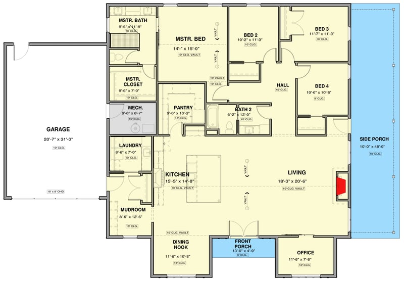 Plan 600013PDZ: 4-Bed Modern Farmhouse Plan with Vaulted Living Space - 2597 Sq Ft - Floor Plan - Main Level - Modern Farmhouse, New American, Ranch