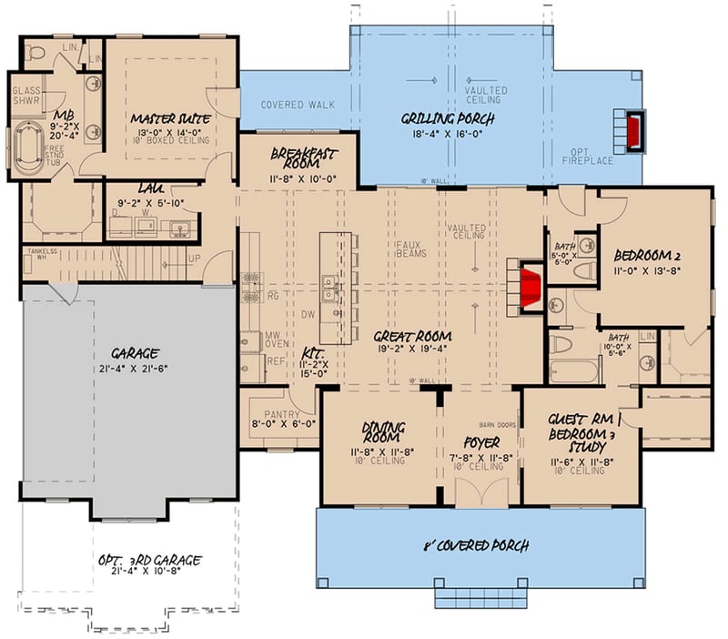 Plan 70913MK: 3-Bed Modern Farmhouse Plan with Bonus Room Above - 2031 Sq Ft - Floor Plan - Main Level - Farmhouse, Modern Farmhouse
