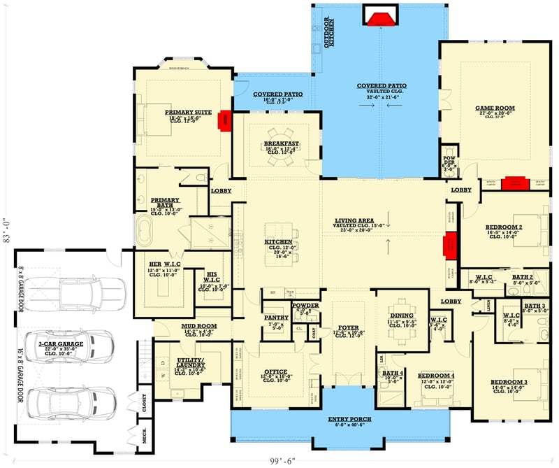 Plan 850000PKE: 4-Bed Transitional Farmhouse Plan with Large Games Room - 4187 Sq Ft - Floor Plan - Main Level - Country, Hill Country, Modern Farmhouse, New American, Transitional