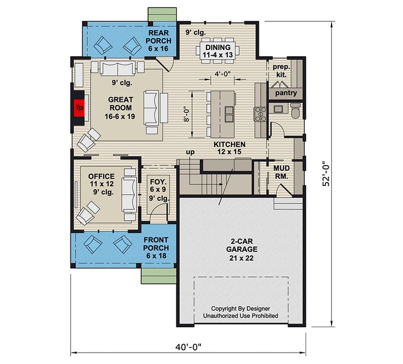 Plan 14950RK: Two-Story 3-Bed Farmhouse Plan with Home Office - 2216 Sq Ft - Floor Plan - Main Level - Farmhouse