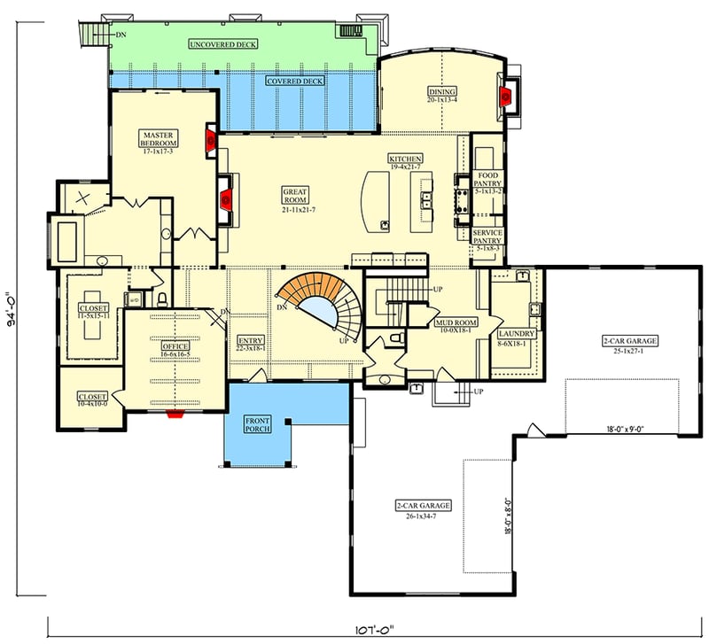 Plan 95266RW: 4-Bed New American House Plan with 2-Story Great Room - 5002 Sq Ft - Floor Plan - Main Level - Mountain, New American