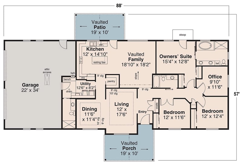 Plan 72490DA: One-Story Ranch House Plan with Formal Living Room and Home Office - 2231 Sq Ft - Floor Plan - Main Level - Craftsman, Ranch, Traditional