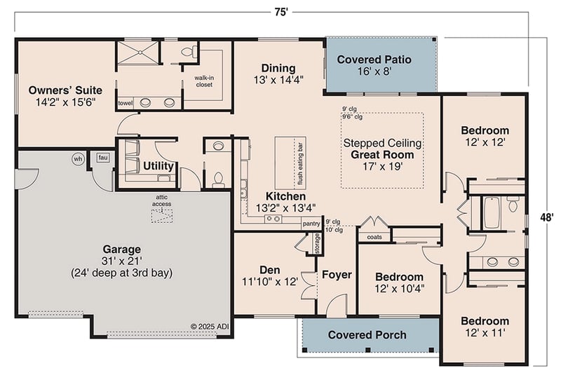 Plan 72502DA: Single-Story Prairie Ranch House Plan with Split-Bedrooms - 2259 Sq Ft - Floor Plan - Main Level - Prairie, Ranch, Traditional