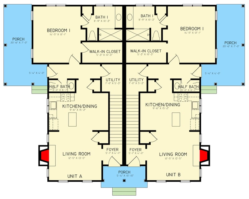 Plan 25842GE: Duplex Craftsman Cottage-Style House Plan - 3-Bed 2.5 Bath 1378 Sq Ft Per Unit - Floor Plan - Main Level - Craftsman, Modern Farmhouse, New American
