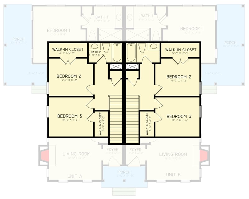 Plan 25842GE: Duplex Craftsman Cottage-Style House Plan - 3-Bed 2.5 Bath 1378 Sq Ft Per Unit - Floor Plan - 2nd Floor - Craftsman, Modern Farmhouse, New American
