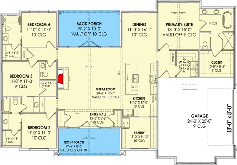 Plan 818160JSS: Contemporary Craftsman House Plan with 4-Bedrooms - 2376 Sq Ft - Floor Plan - Main Level - Contemporary, Craftsman, New American, Ranch, Transitional