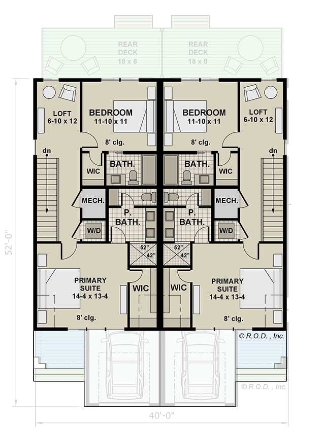 Plan 14920RK: Two-Story Duplex Craftsman House Plan with 2-Bed 2-Bath 1500 Sq Ft Units - Floor Plan - 2nd Floor - Craftsman, Traditional