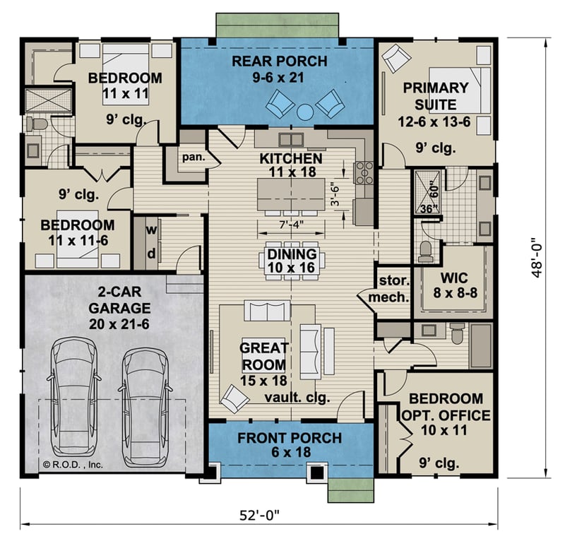 Plan 14957RK: Craftsman Home with Split Bedrooms and a Front and Rear Porch - Floor Plan - Main Level - Country, Craftsman, Traditional