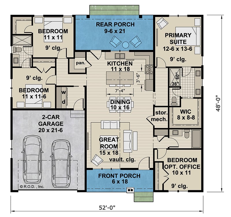 Plan 14958RK: Classic Country House Plan with Split Bedrooms and Flex Office - Floor Plan - Main Level - Country, Traditional