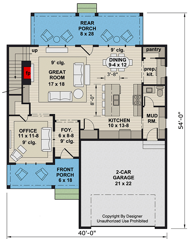 Plan 14967RK: Two-Story 3-Bedroom Farmhouse Plan with Home Office - 2132 Sq Ft - Floor Plan - Main Level - Farmhouse