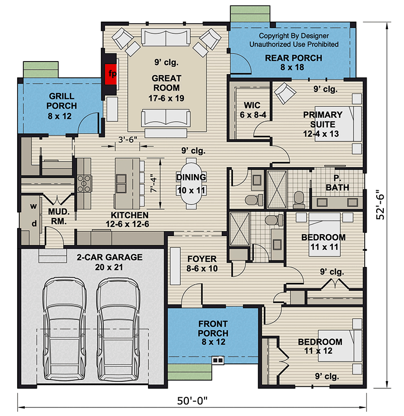 Plan 14983RK: Single-Story New American House Plan with Grill Porch and Pocket Office - 1701 Sq Ft - Floor Plan - Main Level - New American