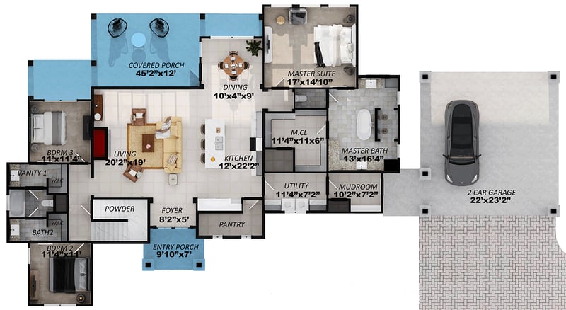 Plan 430127LY: Two-Story Southern Farmhouse with Detached Carport - 2679 Sq Ft - Floor Plan - Main Level - Farmhouse, Southern