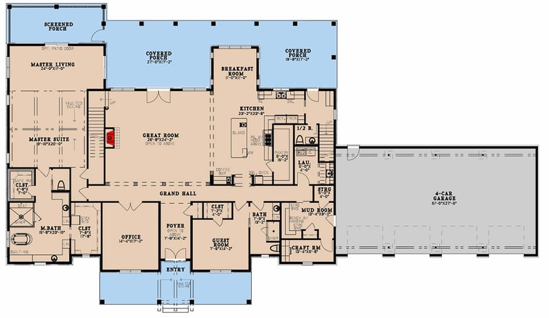Plan 70920MK: 5-Bed Luxury Farmhouse Plan with 2-Story Great Room - 7618 Sq Ft - Floor Plan - Main Level - Craftsman, Farmhouse