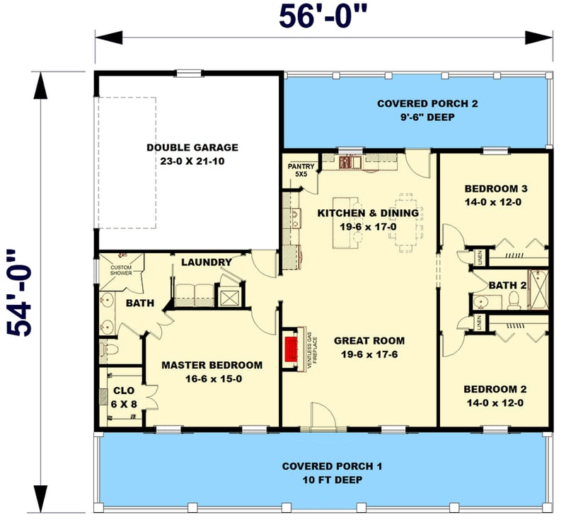 Plan 25060DH: Single-Story 3-Bedroom Country Farmhouse Plan with Split-Bedroom Layout - 1648 Sq Ft - Floor Plan - Main Level - Country, Farmhouse, Ranch