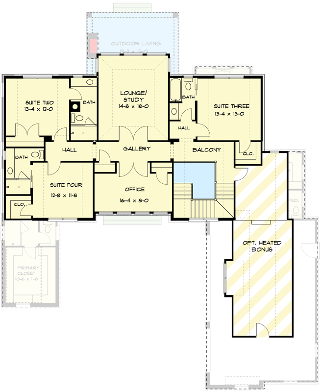 Plan 93223EL: 4-Bed Contemporary Transitional Home Plan with Outdoor Fireplace - 3358 Sq Ft - Floor Plan - 2nd Floor - Contemporary, European, French Country, Transitional, Tudor