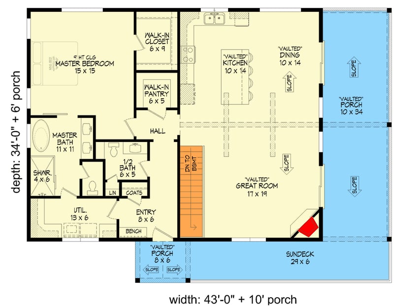 Plan 680547VR: 4-Bedroom Mountain House Plan For Side-Sloping Lot - 2924 Sq Ft - Floor Plan - Main Level - Mountain