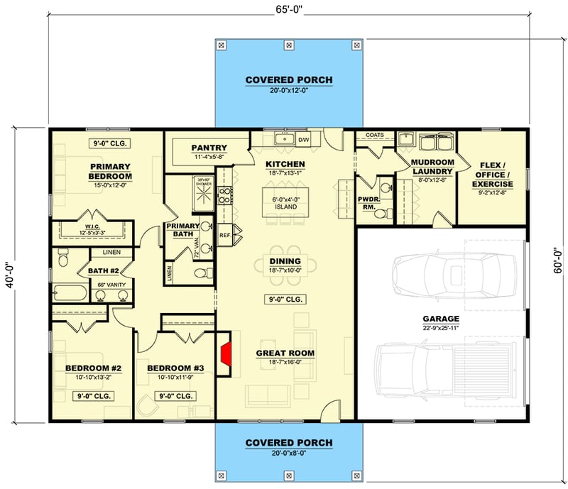 Plan 810037RBT: 3-Bed Barndominium with Open-Concept Living Space and Flex Room - 1970 Sq Ft - Floor Plan - Main Level - Barndominium, Country