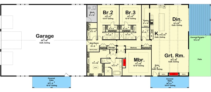 Plan 623496DJ: 3-Bed Barndominium House Plan with 2-Story Great Room - 3436 Sq Ft - Floor Plan - Main Level - Barndominium