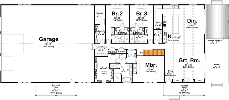 Plan 623496DJ: 3-Bed Barndominium House Plan with 2-Story Great Room - 3436 Sq Ft - Floor Plan - Basement Stairs Location - Barndominium