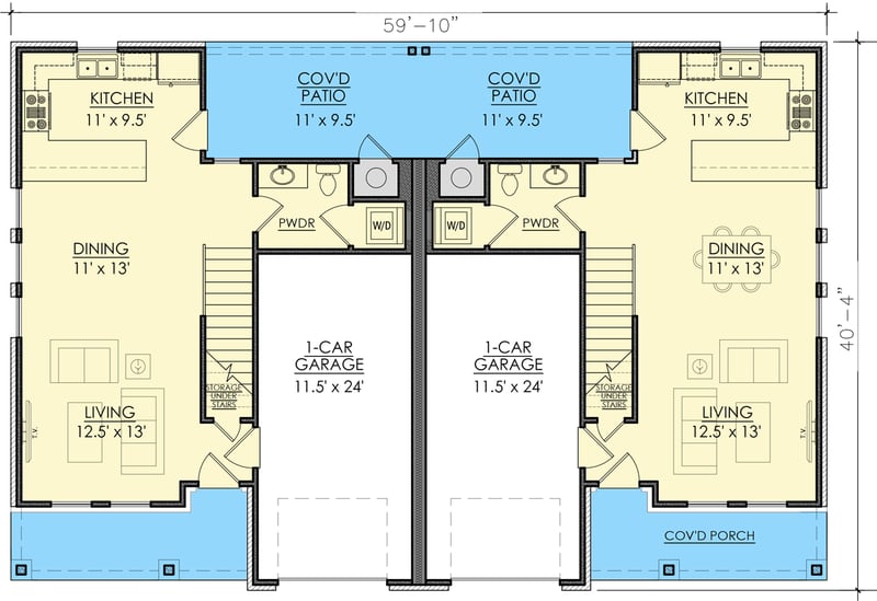 Plan 421572CHD: Modern Farmhouse Duplex House Plan with Two 2-Bed, 2-Bath, 1-Car Garage Units - Floor Plan - Main Level - Modern Farmhouse, New American