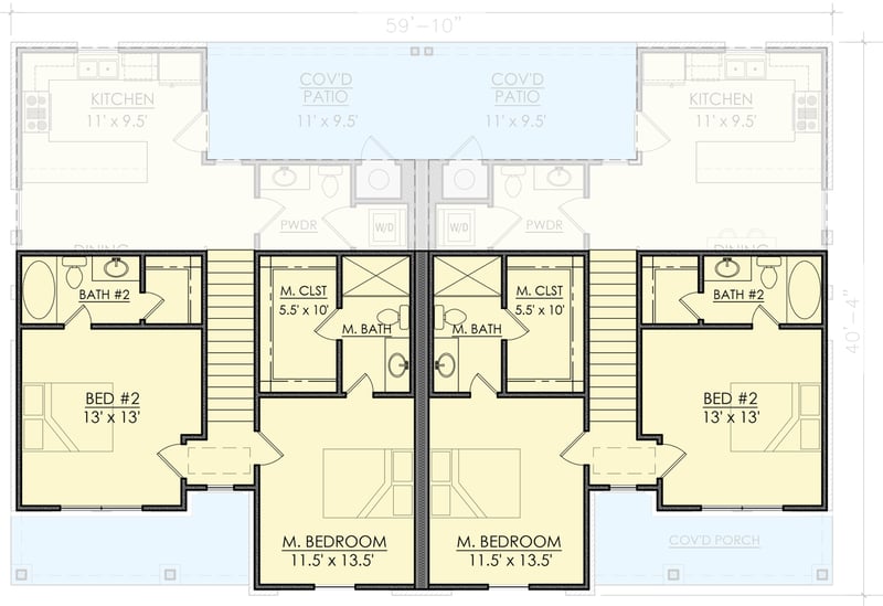 Plan 421572CHD: Modern Farmhouse Duplex House Plan with Two 2-Bed, 2-Bath, 1-Car Garage Units - Floor Plan - 2nd Floor - Modern Farmhouse, New American