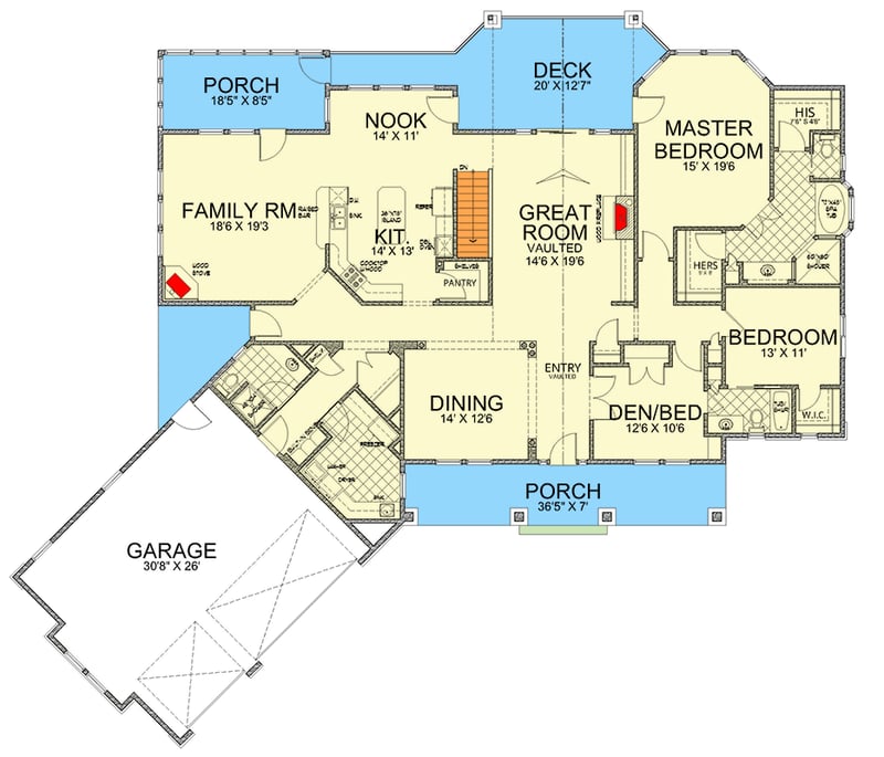 Plan 267062SPK: 2 or 3 Bedroom Traditional House Plan with Angled 2-Car Garage - 3080 Sq Ft - Floor Plan - Main Level - Traditional