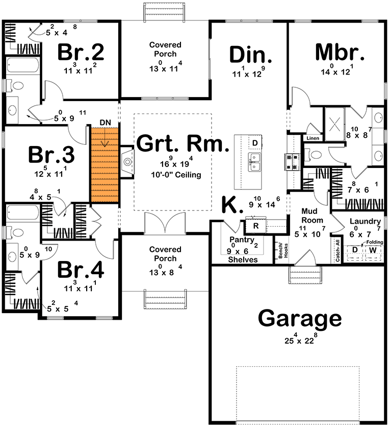 Plan 623498DJ: 4-Bed Country Ranch House Plan with Rear Covered Porch - 1889 Sq Ft - Floor Plan - Basement Stairs Location - Country, Ranch, Traditional