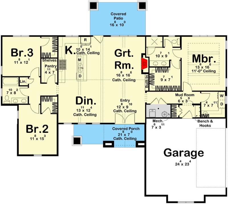 Plan 623500DJ: 3-Bed Texas Hill Country House Plan with Cathedral Ceilings - 1886 Sq Ft - Floor Plan - Main Level - Hill Country